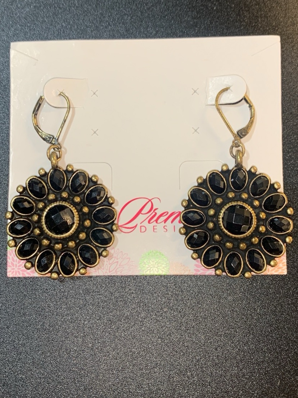 NWT Premier Designs antiqued gold tone and Black Floral Statement Drop Earrings
